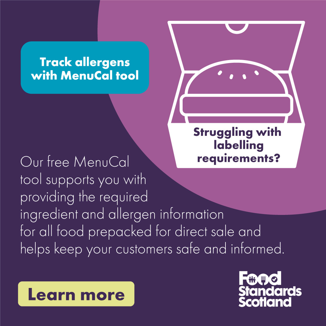 Partner graphic promoting the use of the MenuCal tool to help food businesses meet PPDS labelling requirements