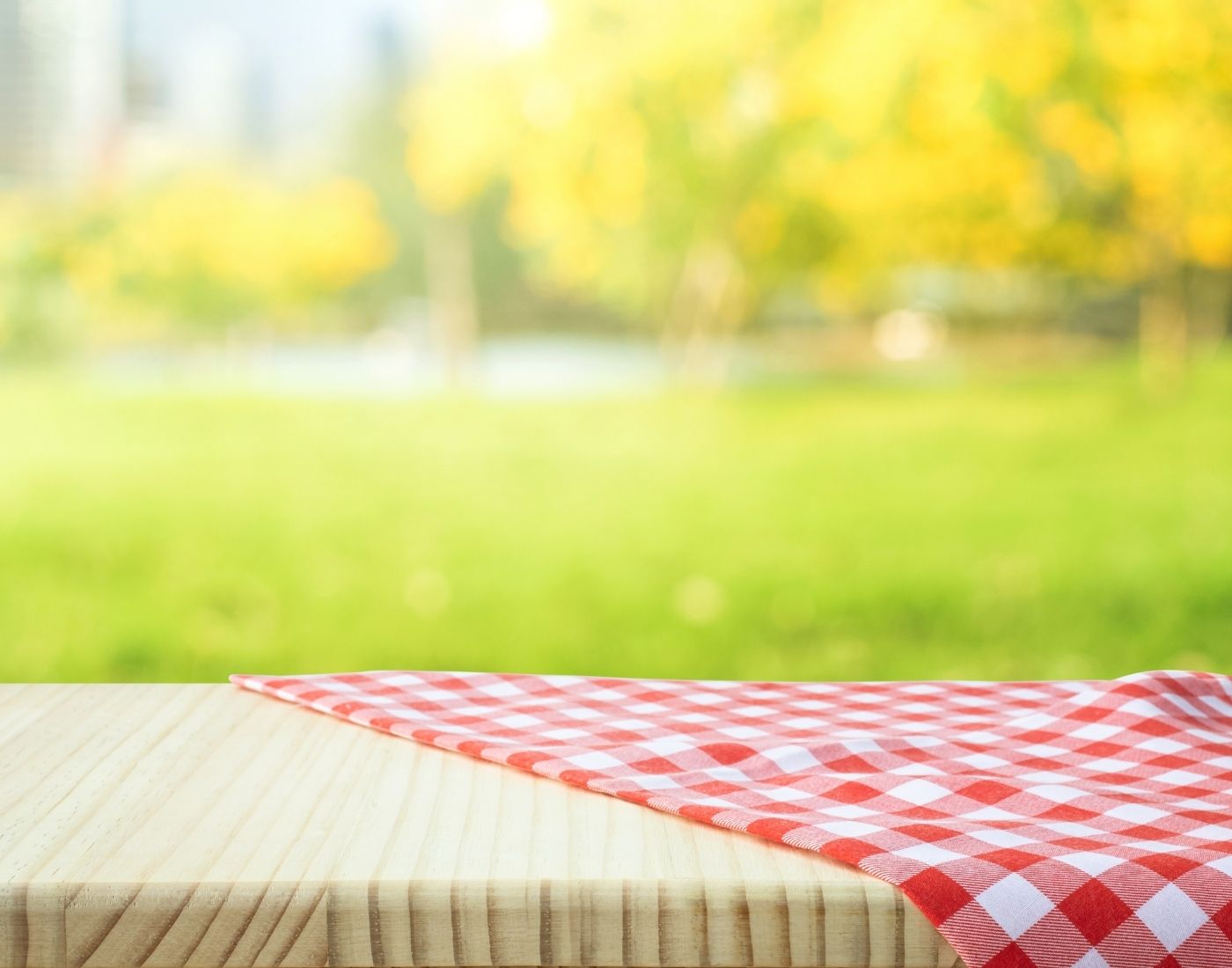 A wooden table with a red and white checkered tablecloth in the foreground, overlooking a sunny park with yellowing trees.