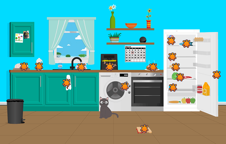 Illustration of a kitchen - multiple cartoon germs are scattered on surfaces, showing an unclean environment.